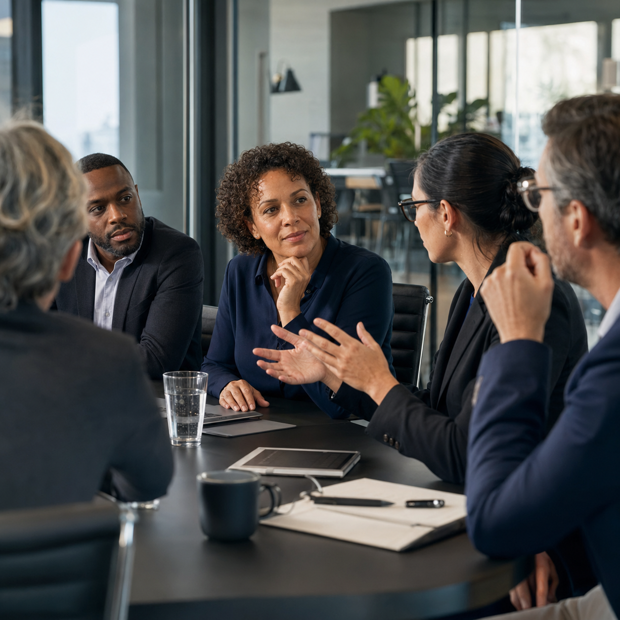Leaders practicing principled leadership in a team meeting